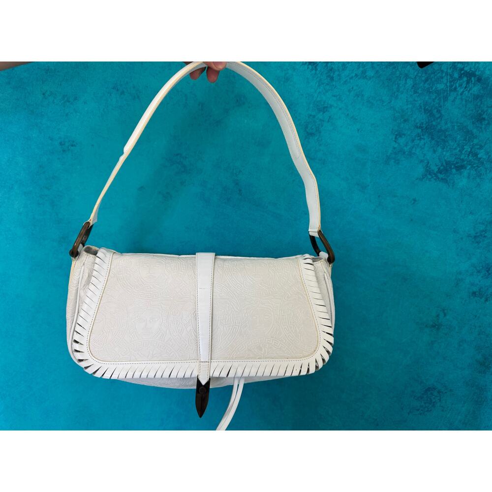 Vintage Gianni Versace White Medusa Embossed Leather Shoulder Bag